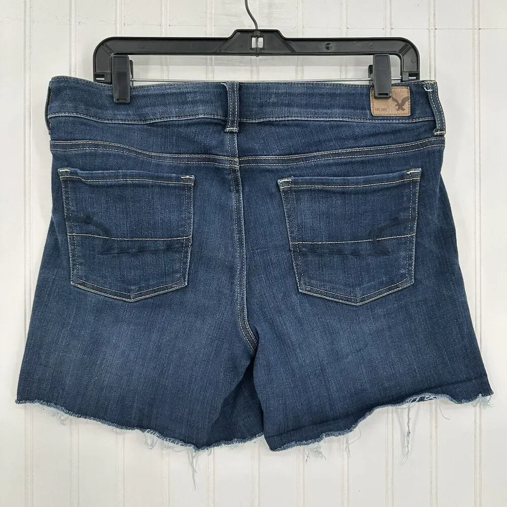 American Eagle Shorts Womens 14 Midi Blue Jean Denim Super Stretch Distress Fray